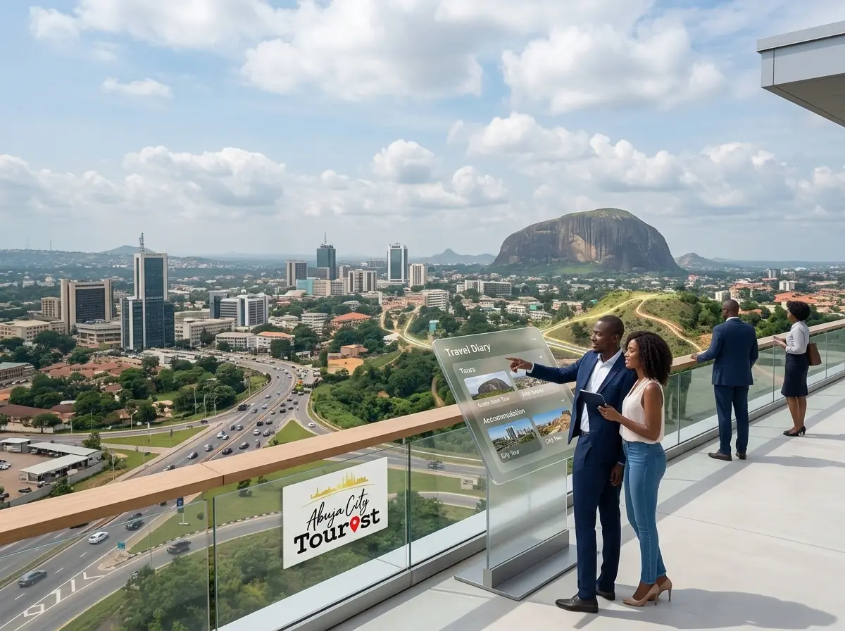 A viewing terrace above Abuja with Zuma Rock in the distance and a travel-planning display