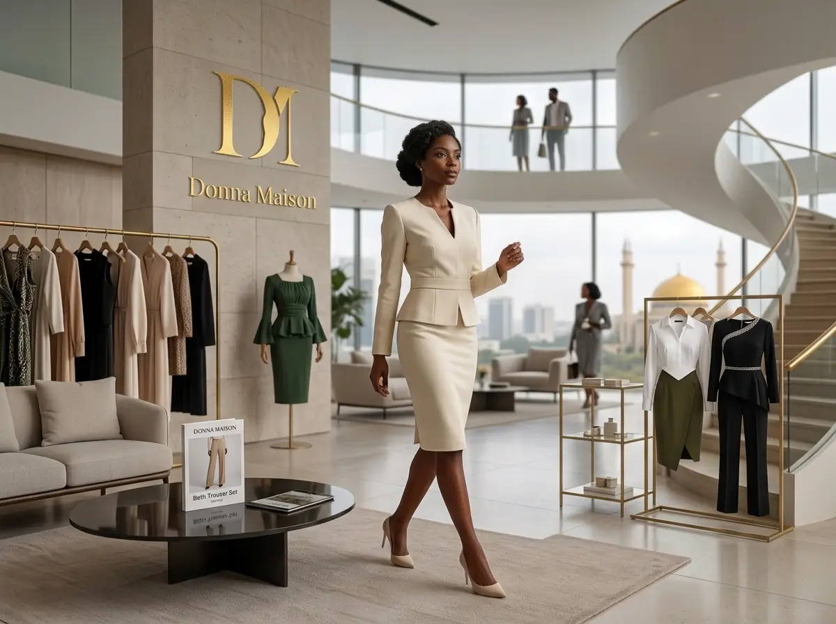 A Donna Maison showroom with tailored ready-to-wear pieces on display