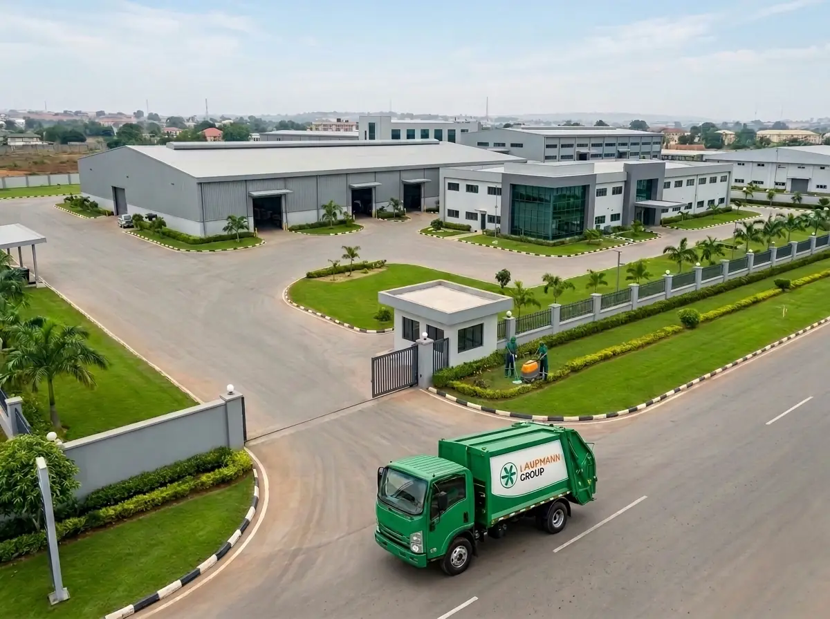 An industrial facility maintained by Laupmann Group, with a waste-collection vehicle and grounds crew